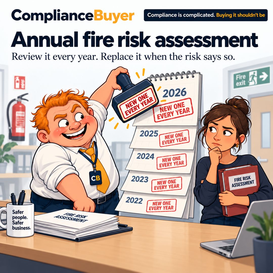 Cartoon of Wolly stamping New one every year on a calendar of fire risk assessments while a business owner holds hers.