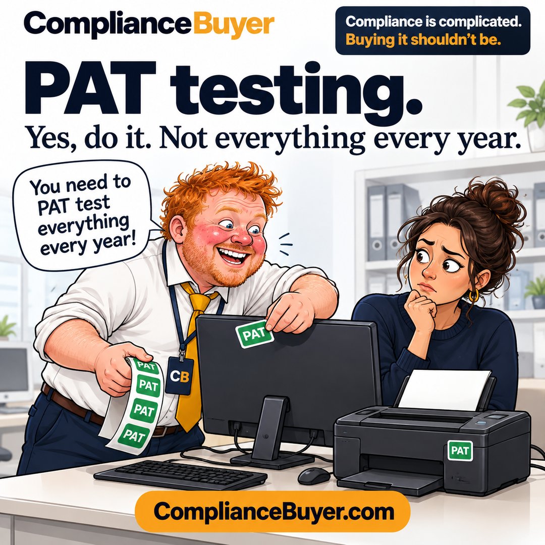 Cartoon of Wolly saying you need to PAT test everything every year while sticking labels on a computer and a printer as a business owner looks doubtful.
