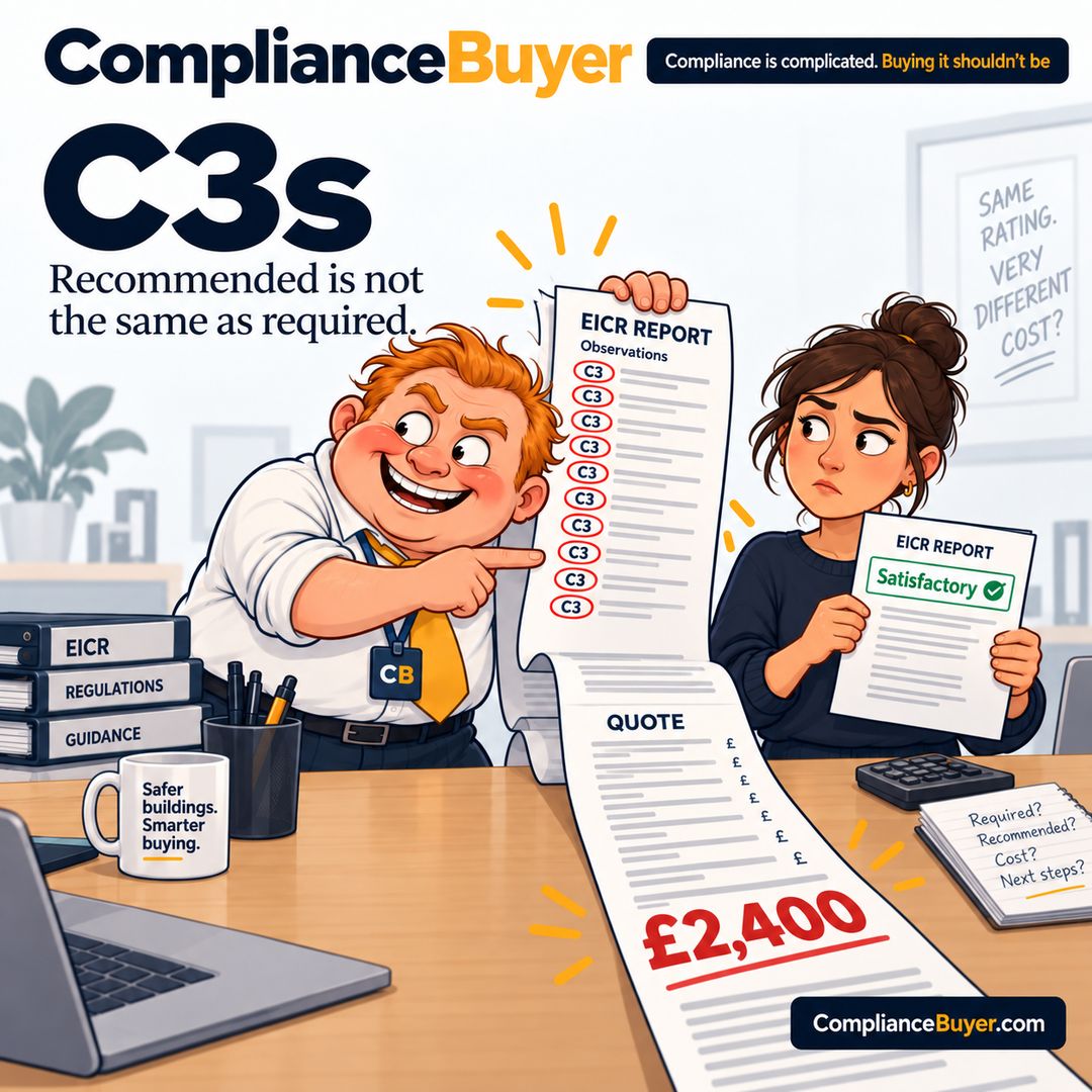 Cartoon of Wolly pointing at a long list of C3 codes and a £2,400 quote while a business owner holds a satisfactory EICR.