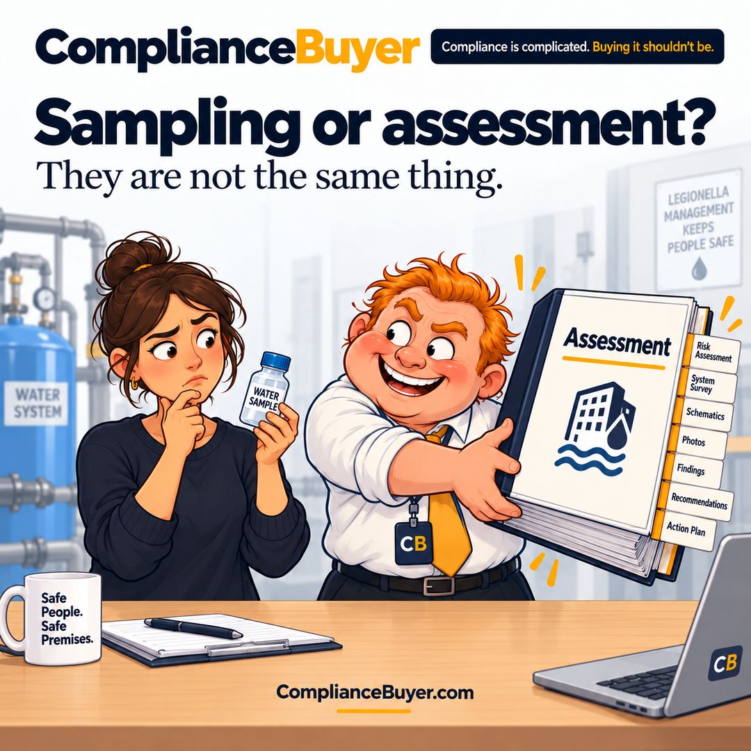 Cartoon of Wolly holding out a thick legionella assessment binder while a business owner holds a water sample bottle.