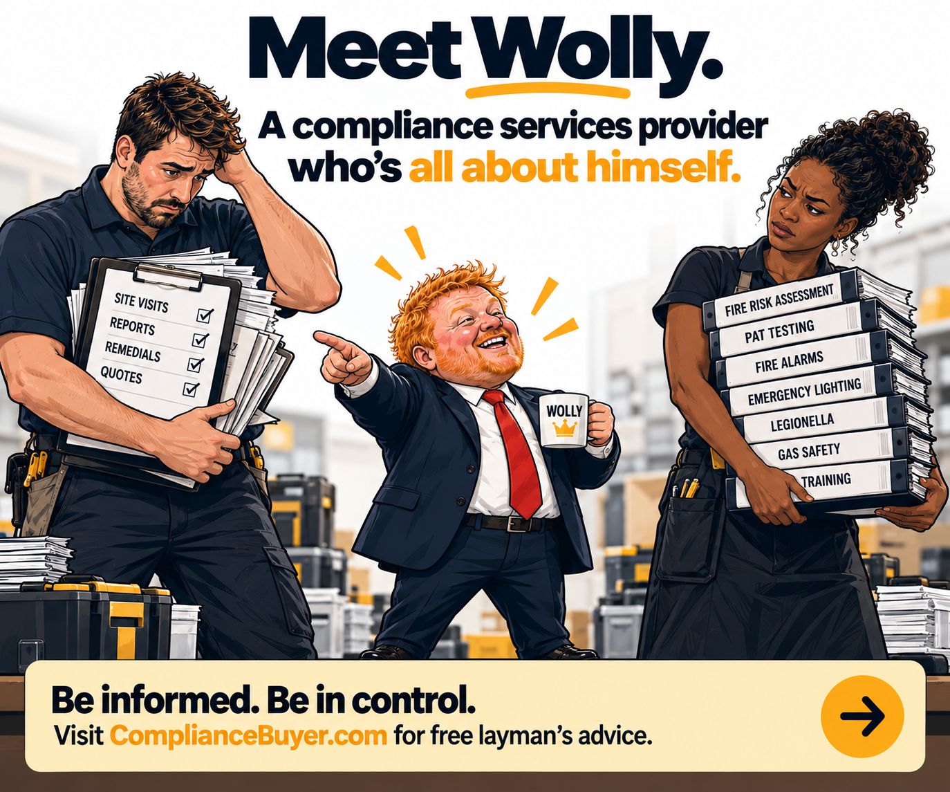 Cartoon of Wolly in a suit pointing and laughing while two tired engineers carry clipboards and binders of compliance work.