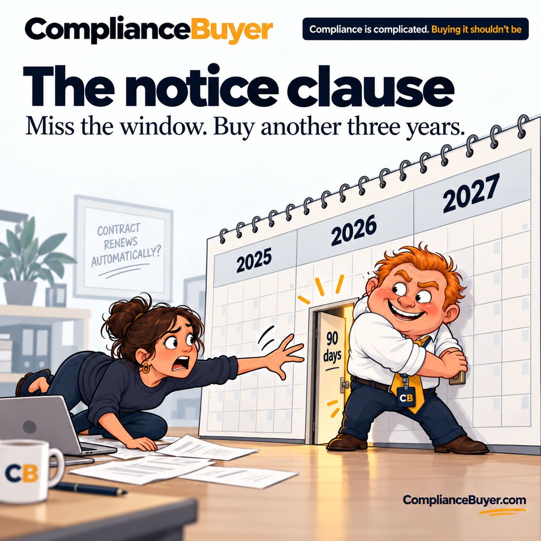 Cartoon of Wolly blocking a 90 day door in a calendar while a business owner dives to reach it before the contract renews.